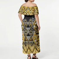 Aotearoa Ngati Whatua Off Shoulder Maxi Dress Maori Tribal Gold Paua Shell Pattern DT05 - Polynesian Pride