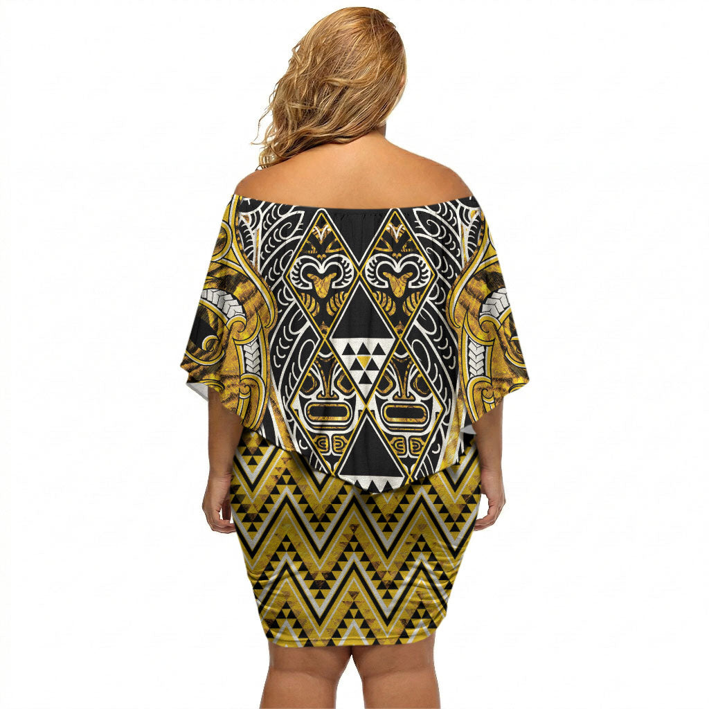 Aotearoa Ngati Whatua Off Shoulder Short Dress Maori Tribal Gold Paua Shell Pattern DT05 - Polynesian Pride