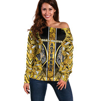 Aotearoa Ngati Whatua Off Shoulder Sweater Maori Tribal Gold Paua Shell Pattern DT05 Women Yellow - Polynesian Pride