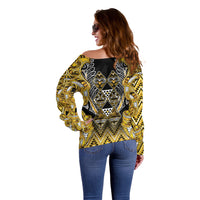 Aotearoa Ngati Whatua Off Shoulder Sweater Maori Tribal Gold Paua Shell Pattern DT05 - Polynesian Pride