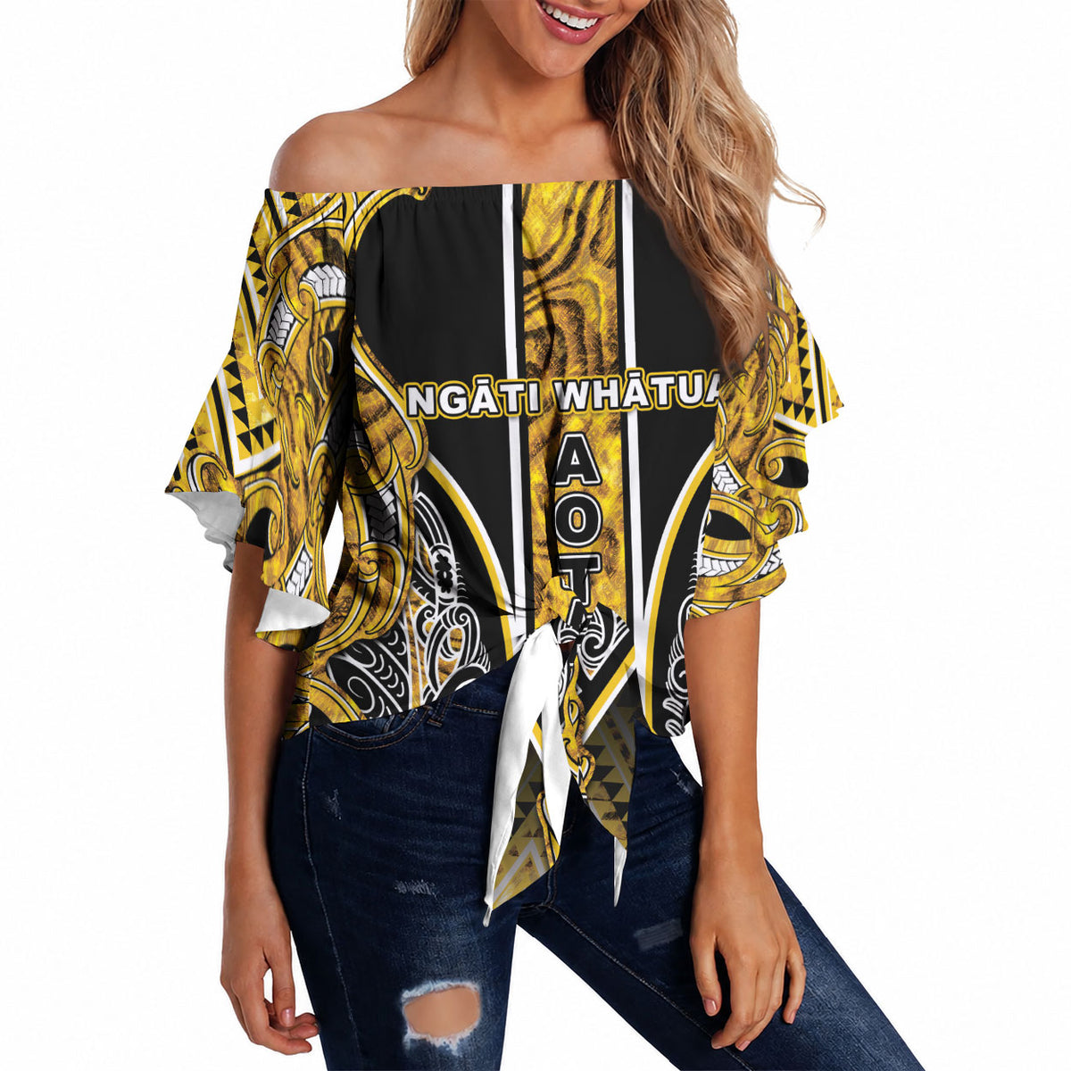 Aotearoa Ngati Whatua Off Shoulder Wrap Waist Top Maori Tribal Gold Paua Shell Pattern DT05 Yellow - Polynesian Pride