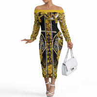 Aotearoa Ngati Whatua Off The Shoulder Long Sleeve Dress Maori Tribal Gold Paua Shell Pattern DT05 Women Yellow - Polynesian Pride