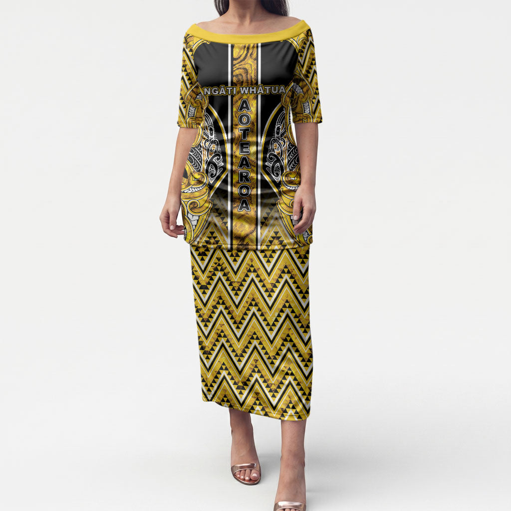 Aotearoa Ngati Whatua Puletasi Maori Tribal Gold Paua Shell Pattern DT05 Long Dress Yellow - Polynesian Pride