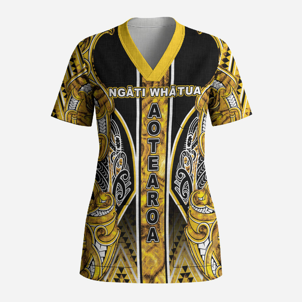 Aotearoa Ngati Whatua Scrub Top Maori Tribal Gold Paua Shell Pattern DT05 Adult Yellow - Polynesian Pride