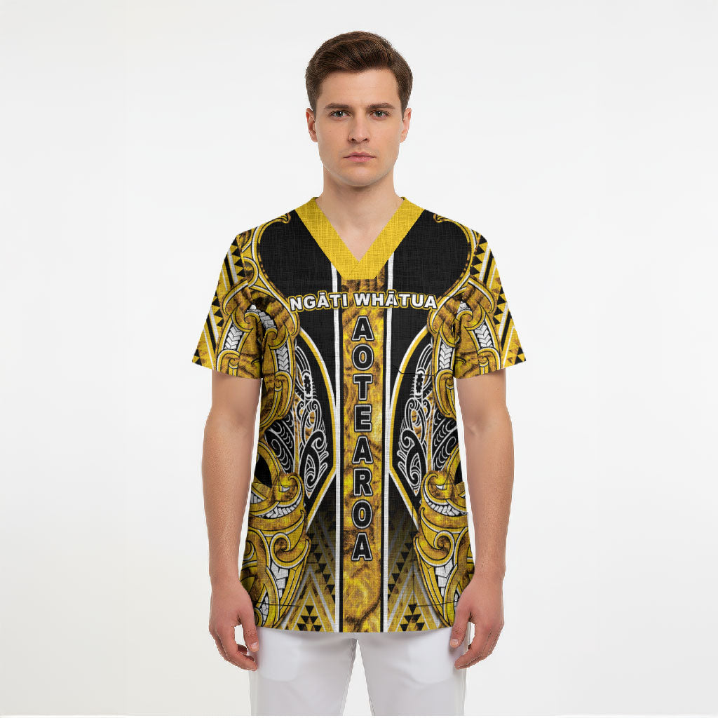 Aotearoa Ngati Whatua Scrub Top Maori Tribal Gold Paua Shell Pattern DT05 - Polynesian Pride