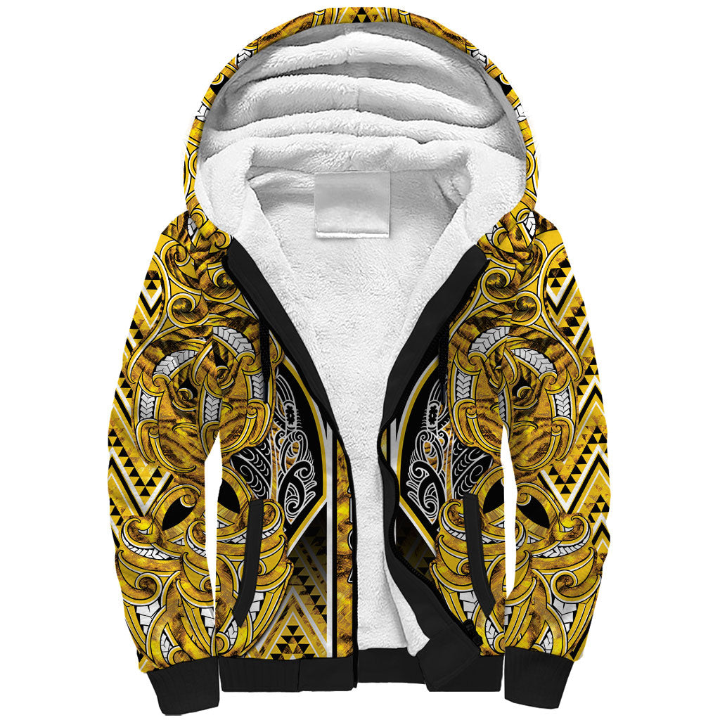 Aotearoa Ngati Whatua Sherpa Hoodie Maori Tribal Gold Paua Shell Pattern DT05 Unisex Yellow - Polynesian Pride