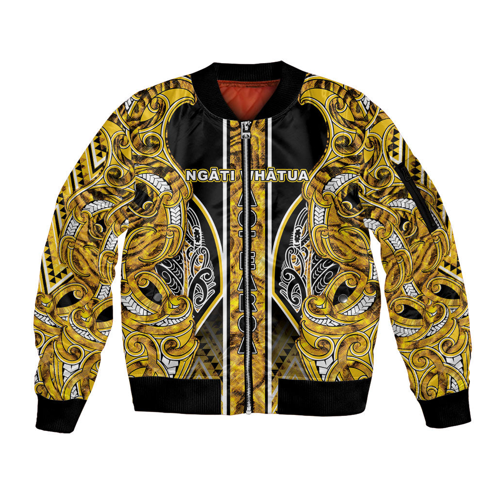 Aotearoa Ngati Whatua Sleeve Zip Bomber Jacket Maori Tribal Gold Paua Shell Pattern DT05 Unisex Yellow - Polynesian Pride