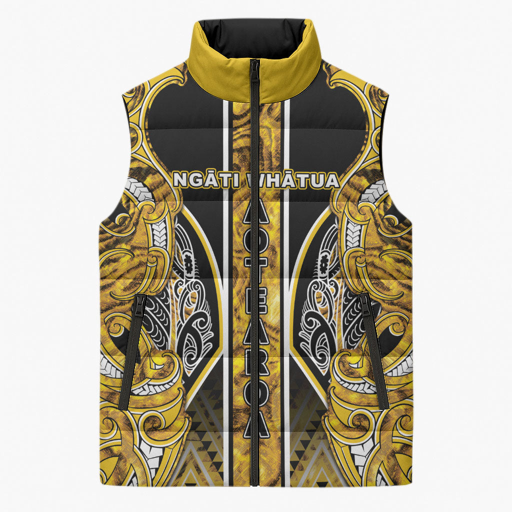 Aotearoa Ngati Whatua Sleeveless Puffer Jacket Maori Tribal Gold Paua Shell Pattern DT05 Unisex Yellow - Polynesian Pride