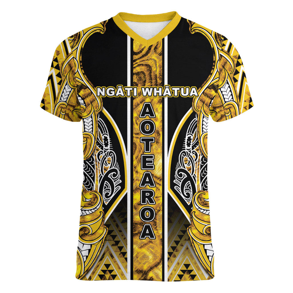 Aotearoa Ngati Whatua Women V-Neck T-Shirt Maori Tribal Gold Paua Shell Pattern DT05 Female Yellow - Polynesian Pride