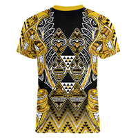 Aotearoa Ngati Whatua Women V-Neck T-Shirt Maori Tribal Gold Paua Shell Pattern DT05 - Polynesian Pride