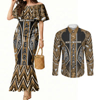 Aotearoa Kati Mamoe Couples Matching Mermaid Dress and Long Sleeve Button Shirt Maori Brown Tribal Paua Shell Pattern DT05 Brown - Polynesian Pride