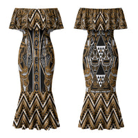 Aotearoa Kati Mamoe Couples Matching Mermaid Dress and Long Sleeve Button Shirt Maori Brown Tribal Paua Shell Pattern DT05 - Polynesian Pride