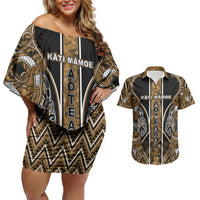 Aotearoa Kati Mamoe Couples Matching Off Shoulder Short Dress and Hawaiian Shirt Maori Brown Tribal Paua Shell Pattern DT05 Brown - Polynesian Pride
