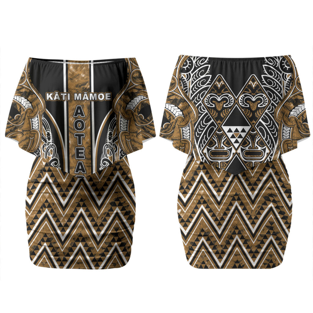Aotearoa Kati Mamoe Couples Matching Off Shoulder Short Dress and Hawaiian Shirt Maori Brown Tribal Paua Shell Pattern DT05 - Polynesian Pride