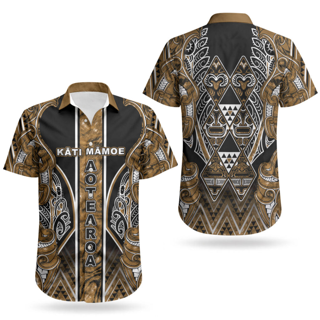Aotearoa Kati Mamoe Couples Matching Off Shoulder Short Dress and Hawaiian Shirt Maori Brown Tribal Paua Shell Pattern DT05 - Polynesian Pride
