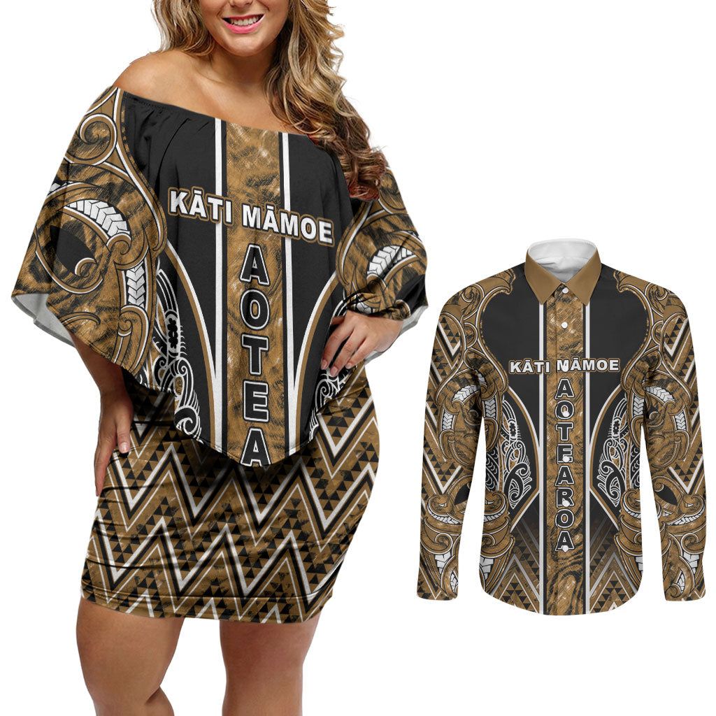Aotearoa Kati Mamoe Couples Matching Off Shoulder Short Dress and Long Sleeve Button Shirt Maori Brown Tribal Paua Shell Pattern DT05 Brown - Polynesian Pride