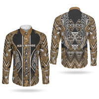 Aotearoa Kati Mamoe Couples Matching Off The Shoulder Long Sleeve Dress and Long Sleeve Button Shirt Maori Brown Tribal Paua Shell Pattern DT05 - Polynesian Pride