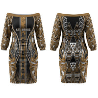 Aotearoa Kati Mamoe Couples Matching Off The Shoulder Long Sleeve Dress and Long Sleeve Button Shirt Maori Brown Tribal Paua Shell Pattern DT05 - Polynesian Pride