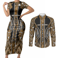 Aotearoa Kati Mamoe Couples Matching Short Sleeve Bodycon Dress and Long Sleeve Button Shirt Maori Brown Tribal Paua Shell Pattern DT05 Brown - Polynesian Pride