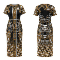 Aotearoa Kati Mamoe Couples Matching Short Sleeve Bodycon Dress and Long Sleeve Button Shirt Maori Brown Tribal Paua Shell Pattern DT05 - Polynesian Pride