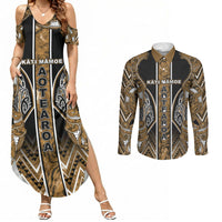 Aotearoa Kati Mamoe Couples Matching Summer Maxi Dress and Long Sleeve Button Shirt Maori Brown Tribal Paua Shell Pattern DT05 Brown - Polynesian Pride