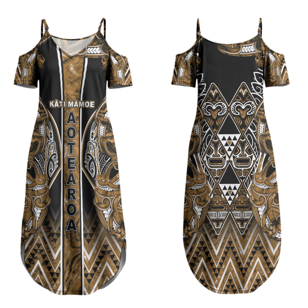 Aotearoa Kati Mamoe Couples Matching Summer Maxi Dress and Long Sleeve Button Shirt Maori Brown Tribal Paua Shell Pattern DT05 - Polynesian Pride