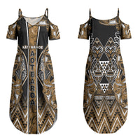 Aotearoa Kati Mamoe Couples Matching Summer Maxi Dress and Long Sleeve Button Shirt Maori Brown Tribal Paua Shell Pattern DT05 - Polynesian Pride