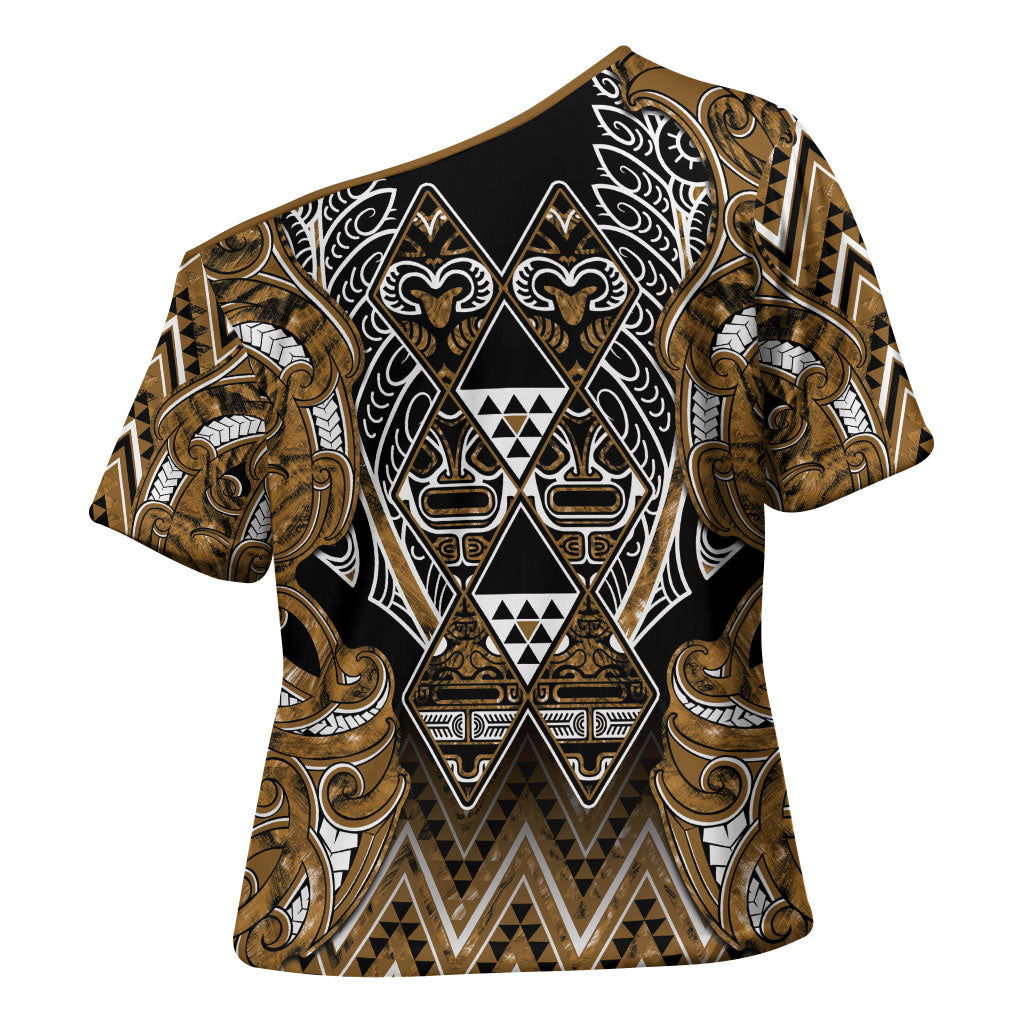 Aotearoa Kati Mamoe Cross Shoulder Shirt Maori Brown Tribal Paua Shell Pattern DT05 - Polynesian Pride