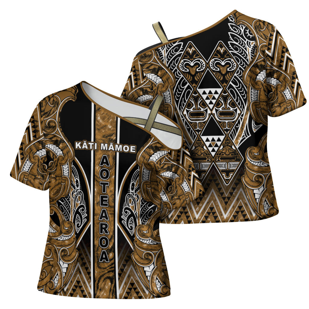 Aotearoa Kati Mamoe Cross Shoulder Shirt Maori Brown Tribal Paua Shell Pattern DT05 - Polynesian Pride
