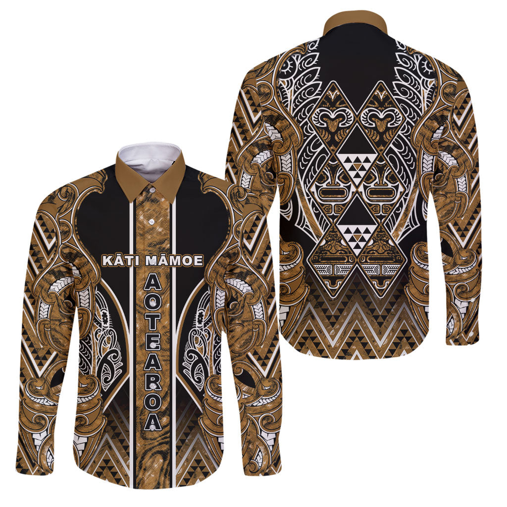 Aotearoa Kati Mamoe Family Matching Tank Maxi Dress and Hawaiian Shirt Maori Brown Tribal Paua Shell Pattern DT05 Dad's Shirt - Long Sleeve Brown - Polynesian Pride