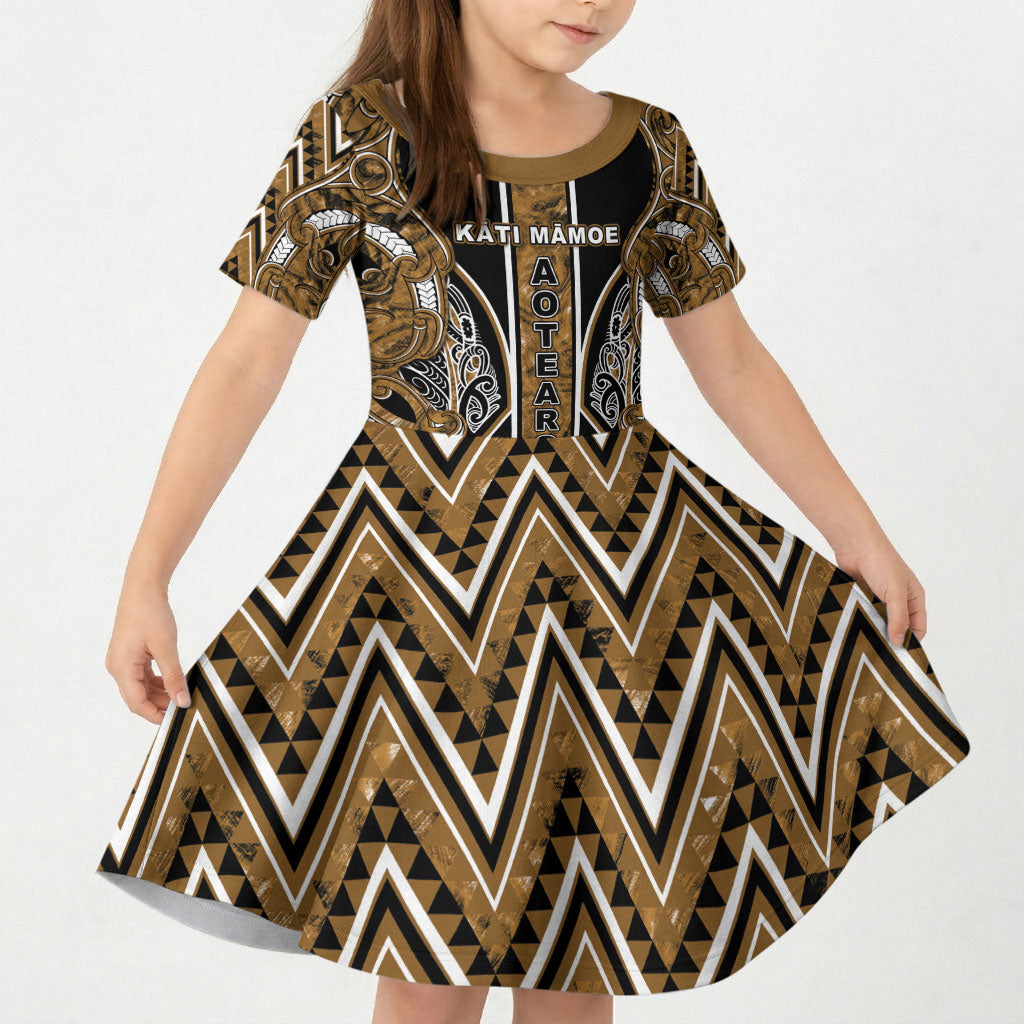 Aotearoa Kati Mamoe Kid Short Sleeve Dress Maori Brown Tribal Paua Shell Pattern DT05 KID Brown - Polynesian Pride
