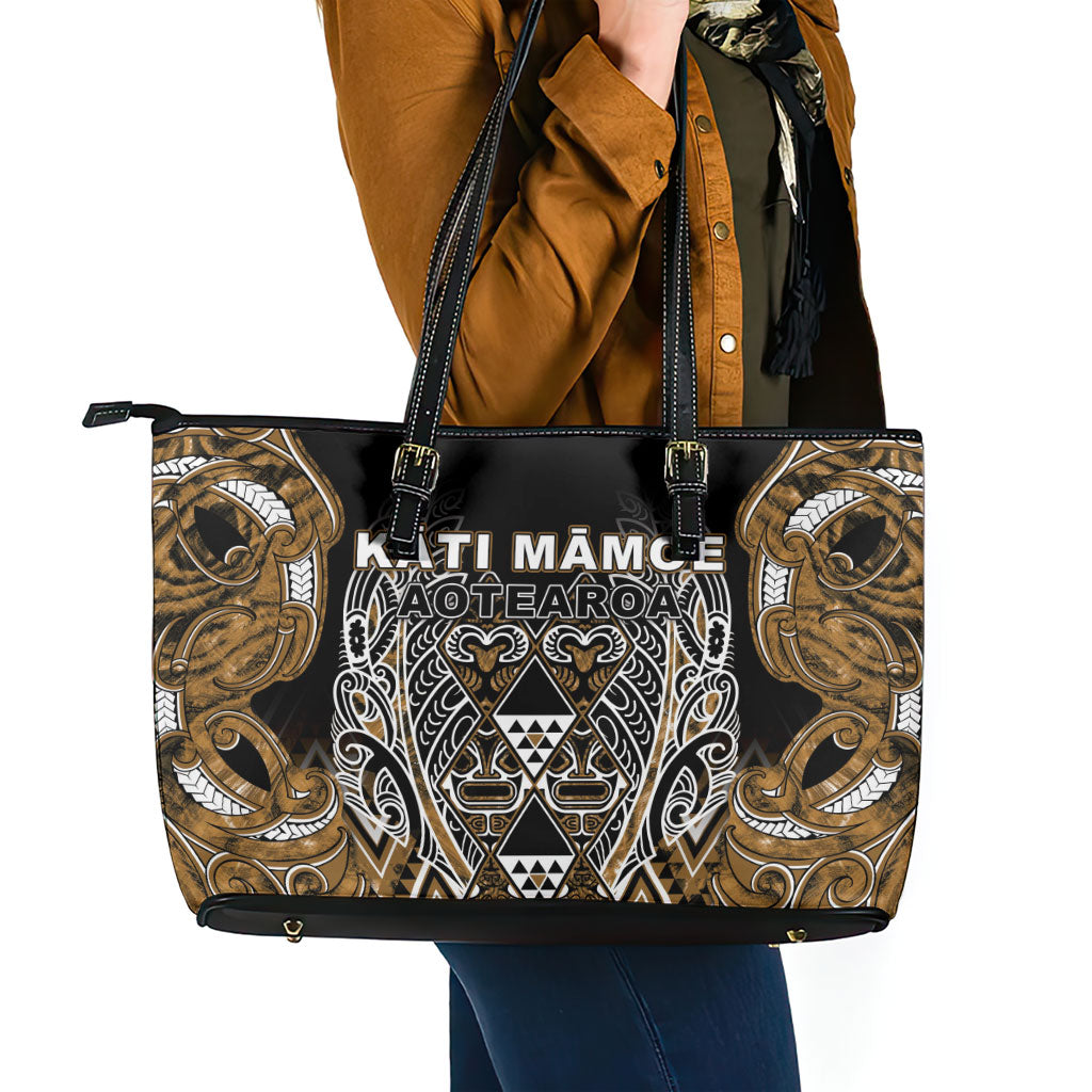 Aotearoa Kati Mamoe Leather Tote Bag Maori Brown Tribal Paua Shell Pattern DT05 - Polynesian Pride