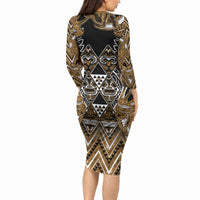 Aotearoa Kati Mamoe Long Sleeve Bodycon Dress Maori Brown Tribal Paua Shell Pattern DT05 - Polynesian Pride
