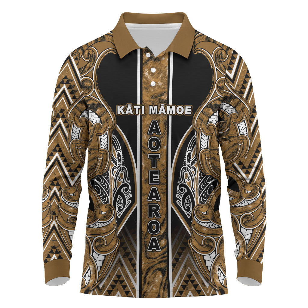 Aotearoa Kati Mamoe Long Sleeve Polo Shirt Maori Brown Tribal Paua Shell Pattern DT05 Brown - Polynesian Pride