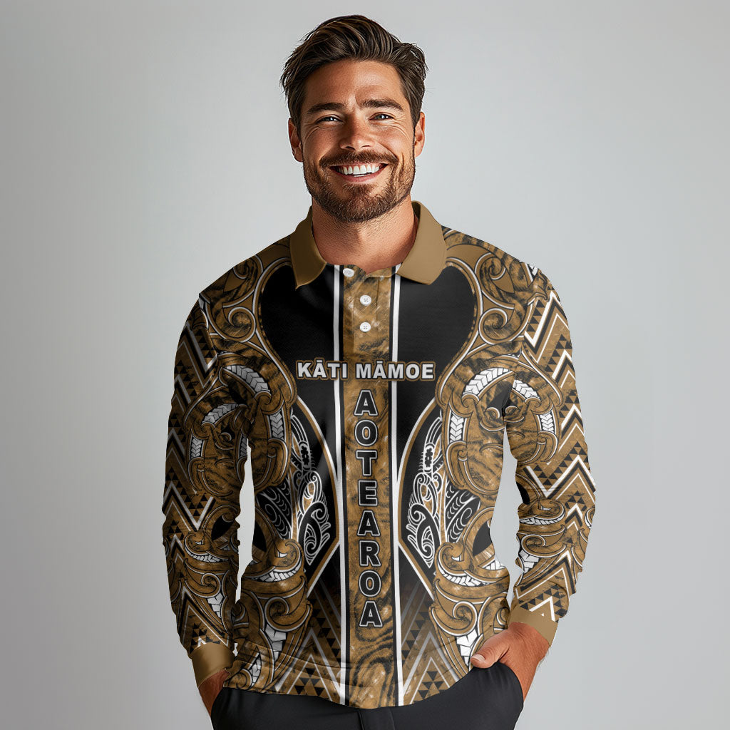 Aotearoa Kati Mamoe Long Sleeve Polo Shirt Maori Brown Tribal Paua Shell Pattern DT05 - Polynesian Pride