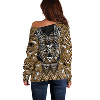 Aotearoa Kati Mamoe Off Shoulder Sweater Maori Brown Tribal Paua Shell Pattern DT05 - Polynesian Pride