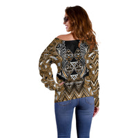 Aotearoa Kati Mamoe Off Shoulder Sweater Maori Brown Tribal Paua Shell Pattern DT05 - Polynesian Pride