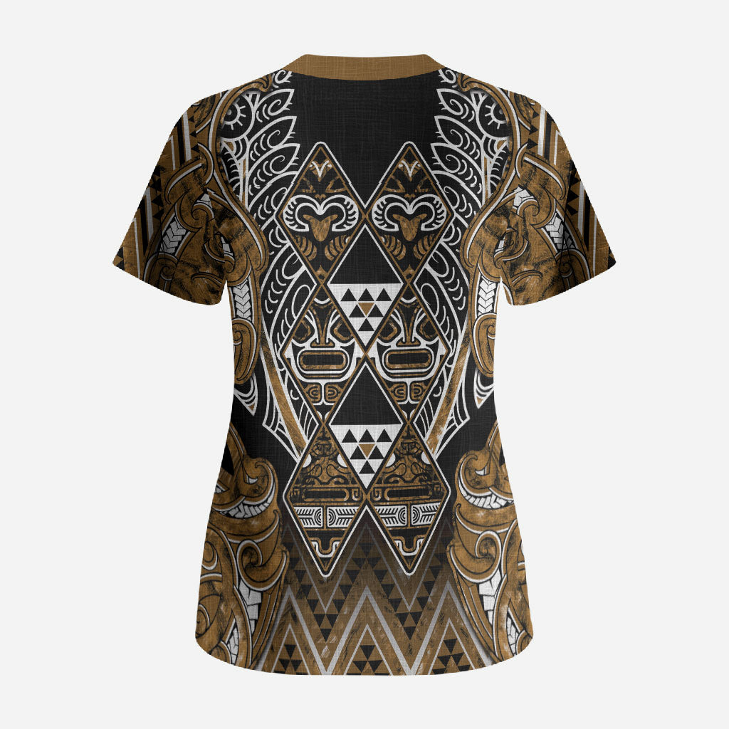 Aotearoa Kati Mamoe Scrub Top Maori Brown Tribal Paua Shell Pattern DT05 - Polynesian Pride