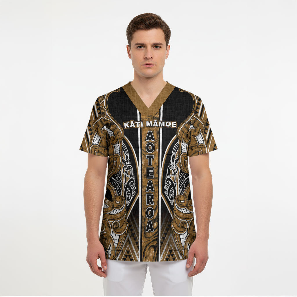 Aotearoa Kati Mamoe Scrub Top Maori Brown Tribal Paua Shell Pattern DT05 - Polynesian Pride