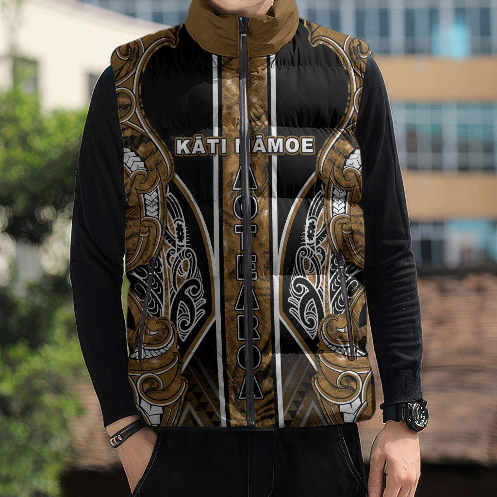 Aotearoa Kati Mamoe Sleeveless Puffer Jacket Maori Brown Tribal Paua Shell Pattern DT05 - Polynesian Pride