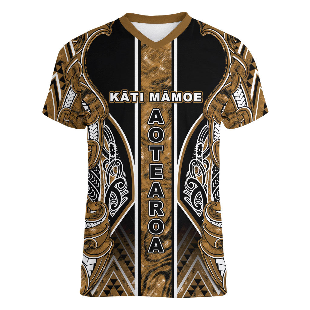 Aotearoa Kati Mamoe Women V-Neck T-Shirt Maori Brown Tribal Paua Shell Pattern DT05 Female Brown - Polynesian Pride