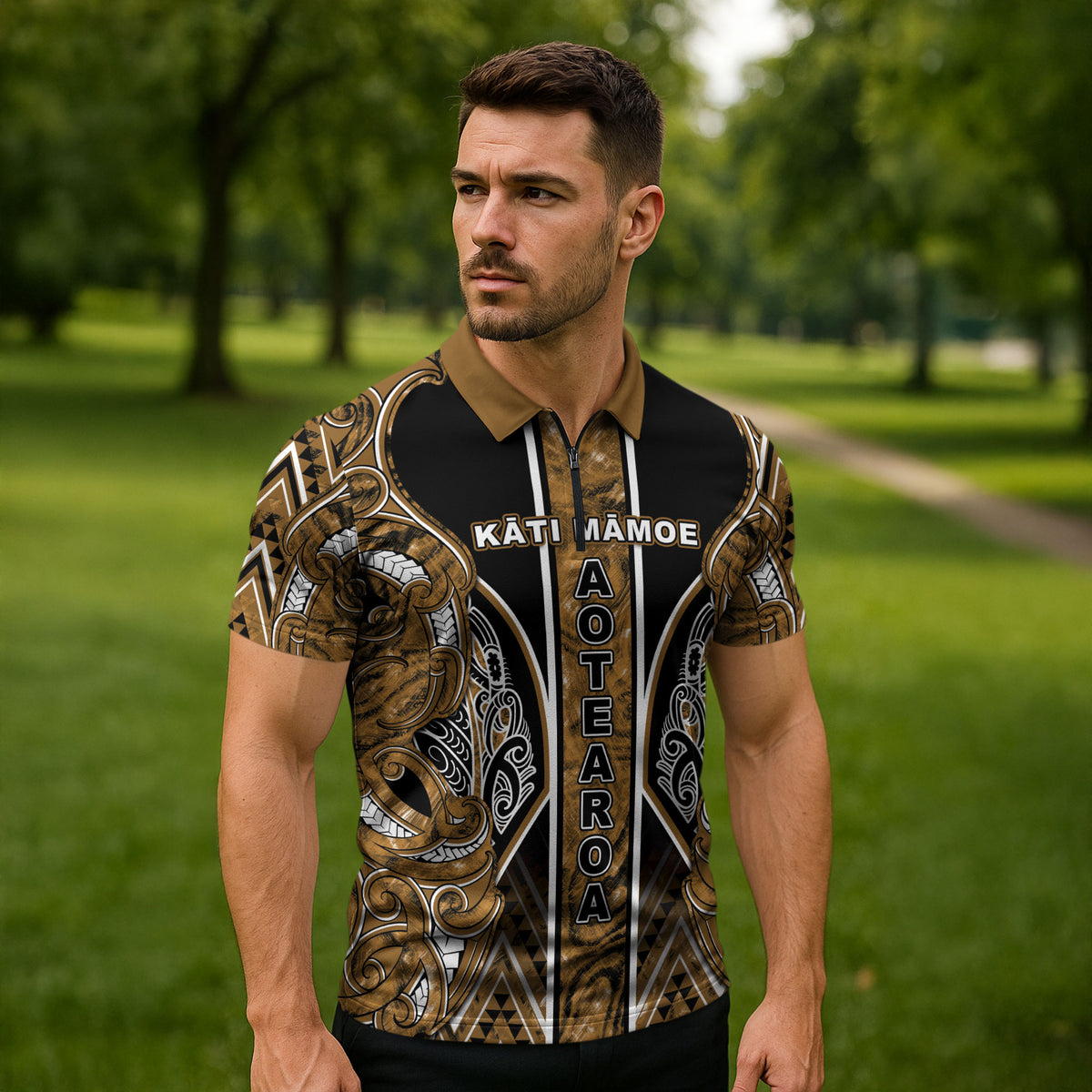 Aotearoa Kati Mamoe Zipper Polo Shirt Maori Brown Tribal Paua Shell Pattern DT05 - Polynesian Pride