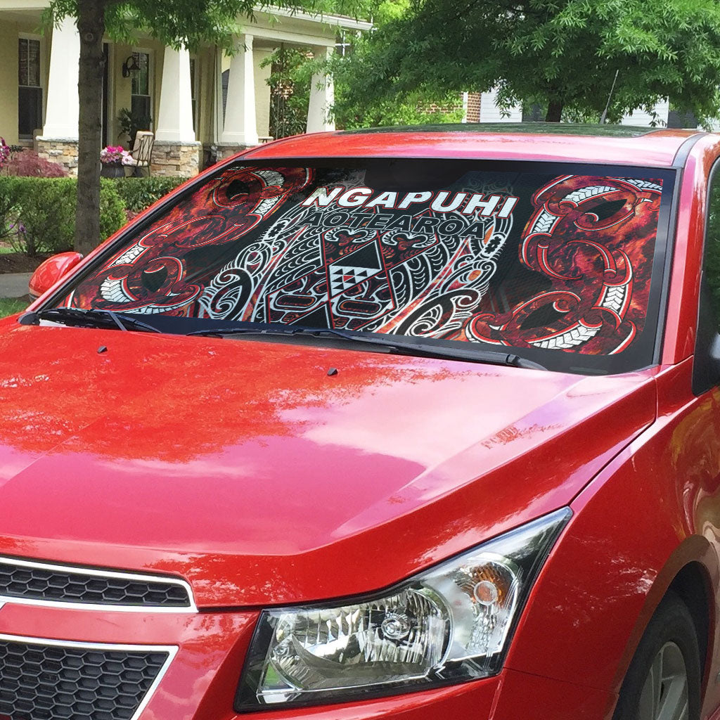 Aotearoa Ngapuhi Auto Sun Shade Maori Red Tribal Paua Shell Pattern DT05 - Polynesian Pride