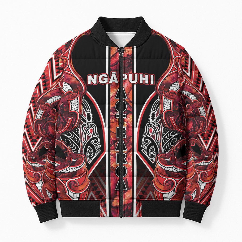 Aotearoa Ngapuhi Bomber Puffer Jacket Maori Red Tribal Paua Shell Pattern