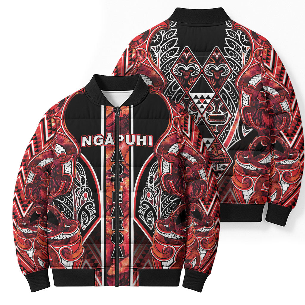 Aotearoa Ngapuhi Bomber Puffer Jacket Maori Red Tribal Paua Shell Pattern DT05 - Polynesian Pride