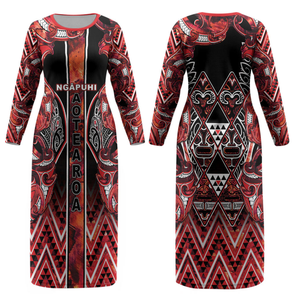 Aotearoa Ngapuhi Couples Matching Long Sleeve Bodycon Dress and Long Sleeve Button Shirt Maori Red Tribal Paua Shell Pattern DT05 - Polynesian Pride