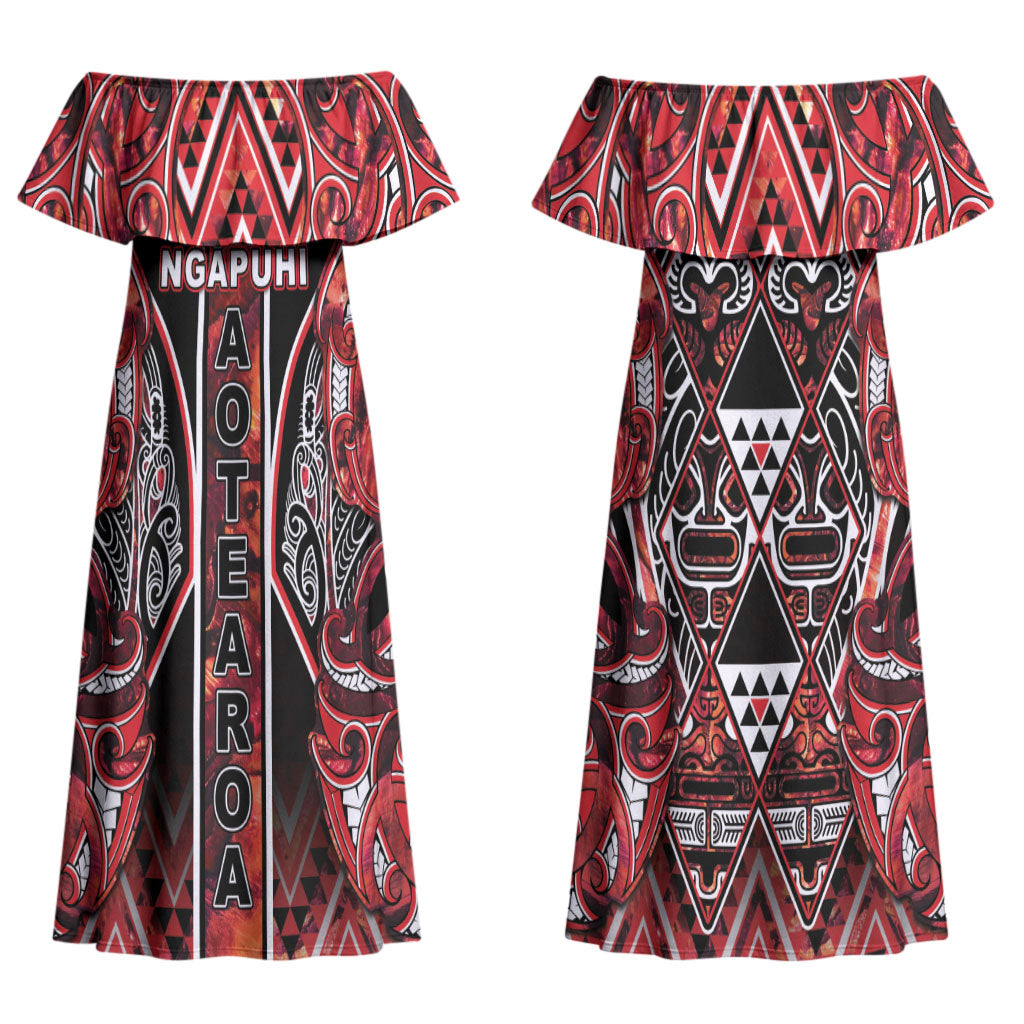 Aotearoa Ngapuhi Couples Matching Off Shoulder Maxi Dress and Hawaiian Shirt Maori Red Tribal Paua Shell Pattern DT05 - Polynesian Pride