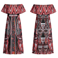 Aotearoa Ngapuhi Couples Matching Off Shoulder Maxi Dress and Hawaiian Shirt Maori Red Tribal Paua Shell Pattern DT05 - Polynesian Pride