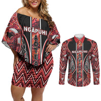 Aotearoa Ngapuhi Couples Matching Off Shoulder Short Dress and Long Sleeve Button Shirt Maori Red Tribal Paua Shell Pattern DT05 Red - Polynesian Pride