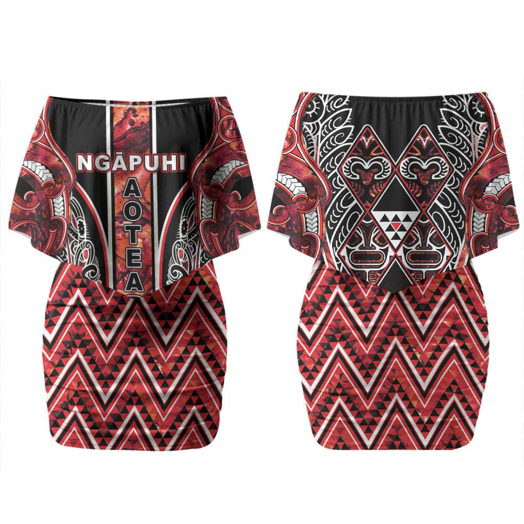 Aotearoa Ngapuhi Couples Matching Off Shoulder Short Dress and Long Sleeve Button Shirt Maori Red Tribal Paua Shell Pattern DT05 - Polynesian Pride